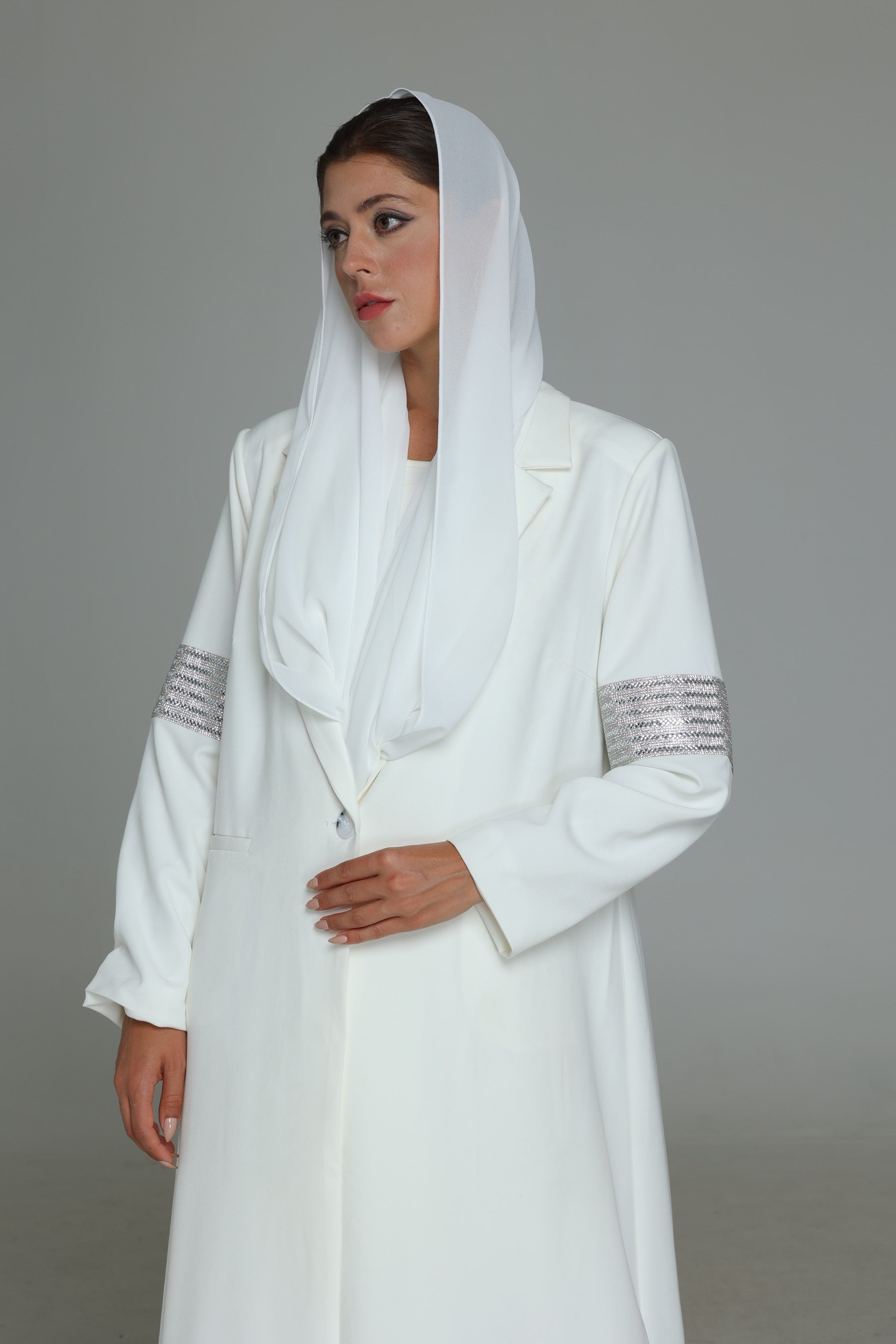 White Abaya with Diamond Arm Detail