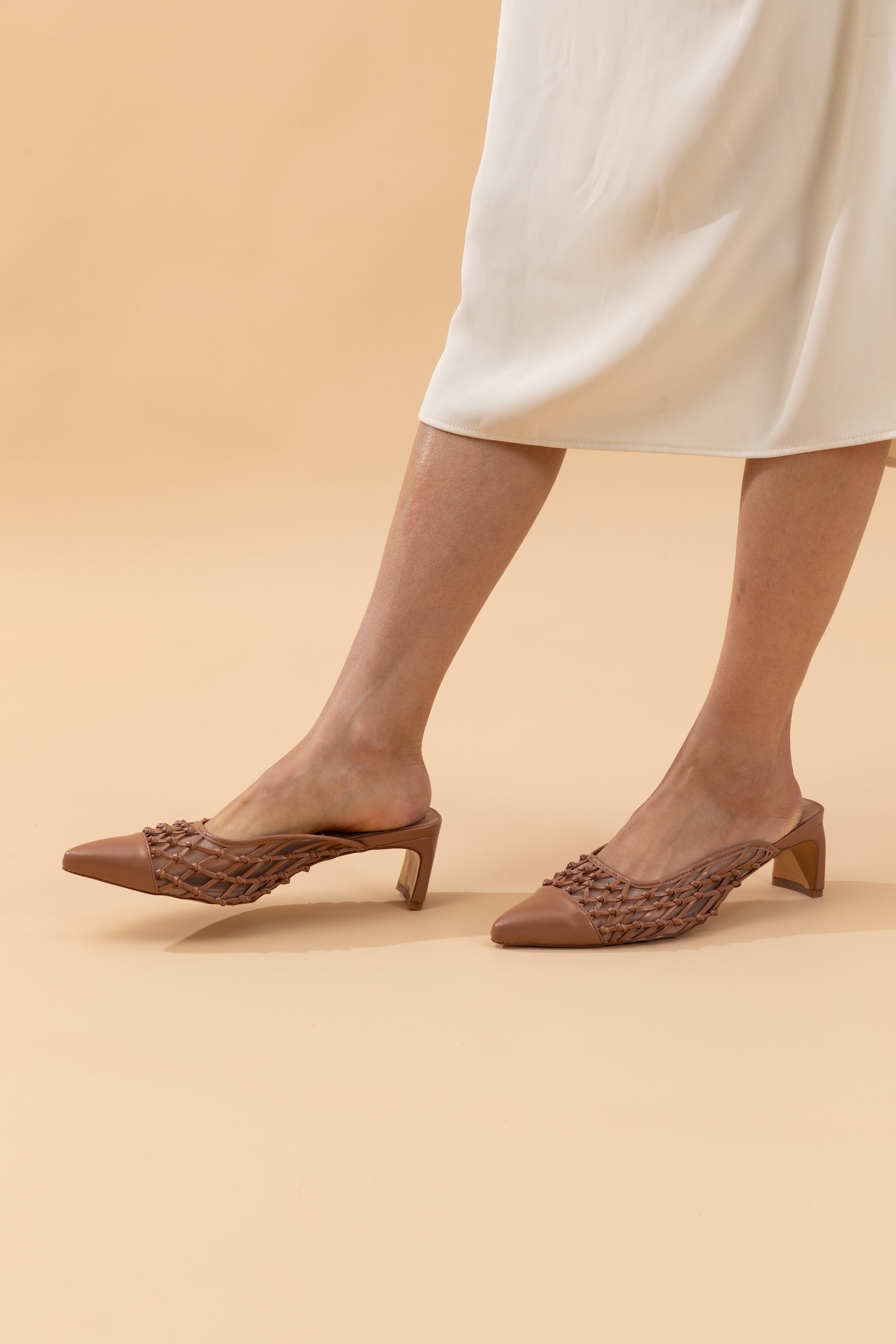 Beige Netted Leather Slip-ons