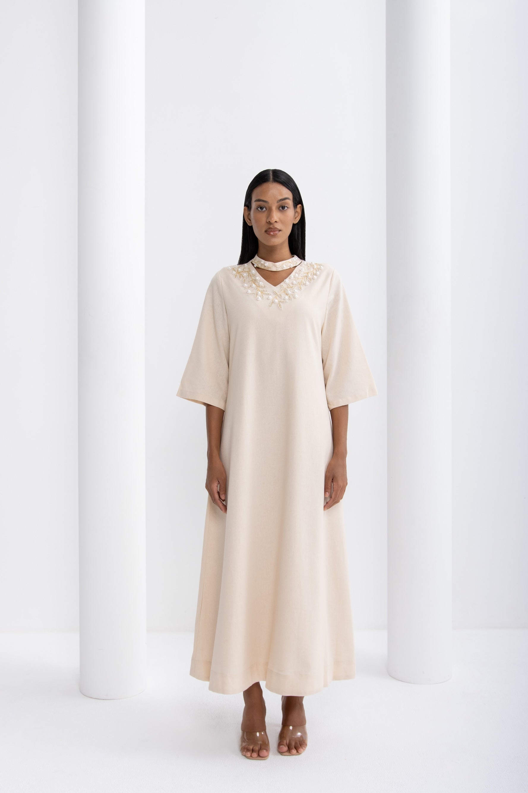 Beige Embellished Collar Jalabiya