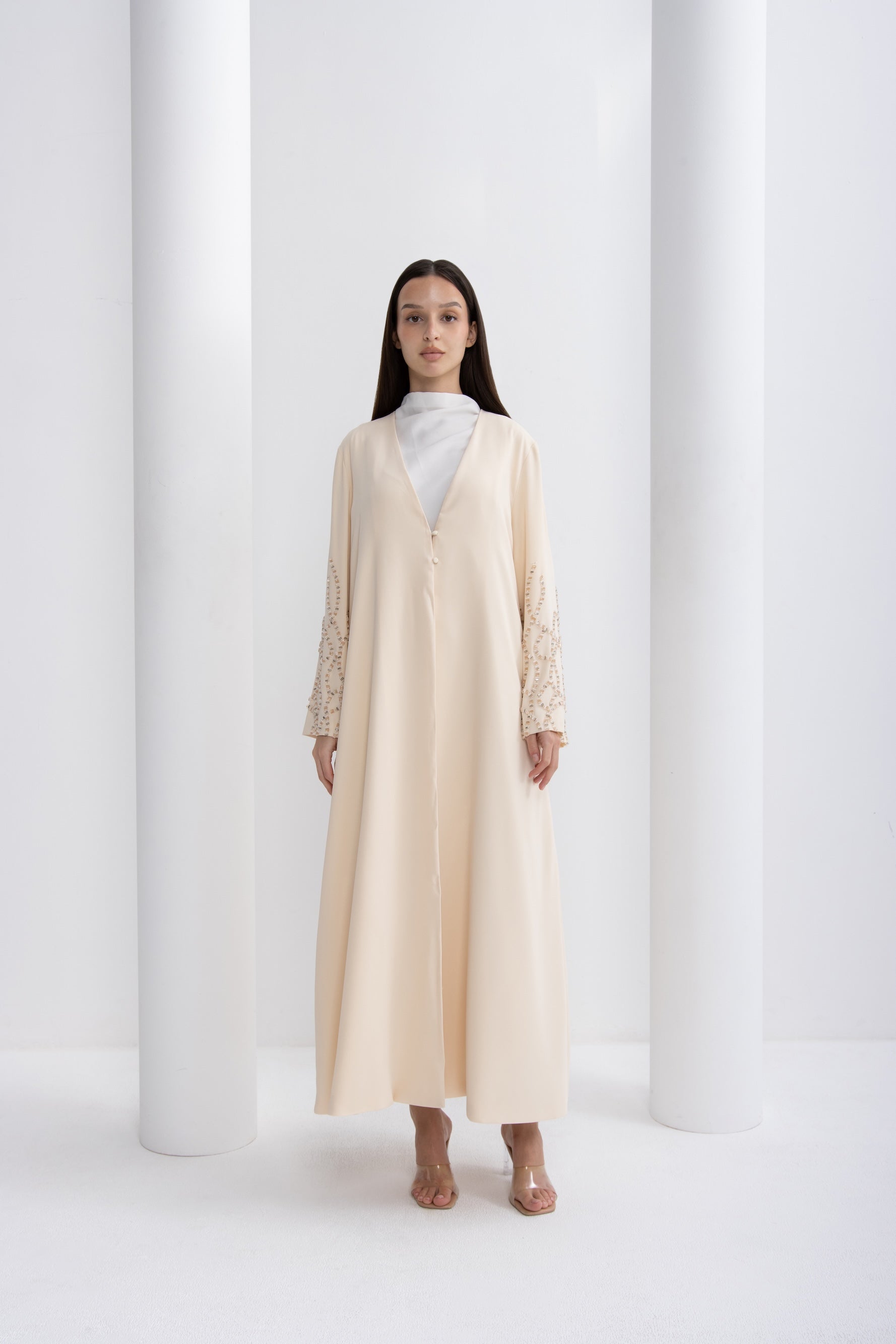 Beige Sleeve Embellished Evening Abaya