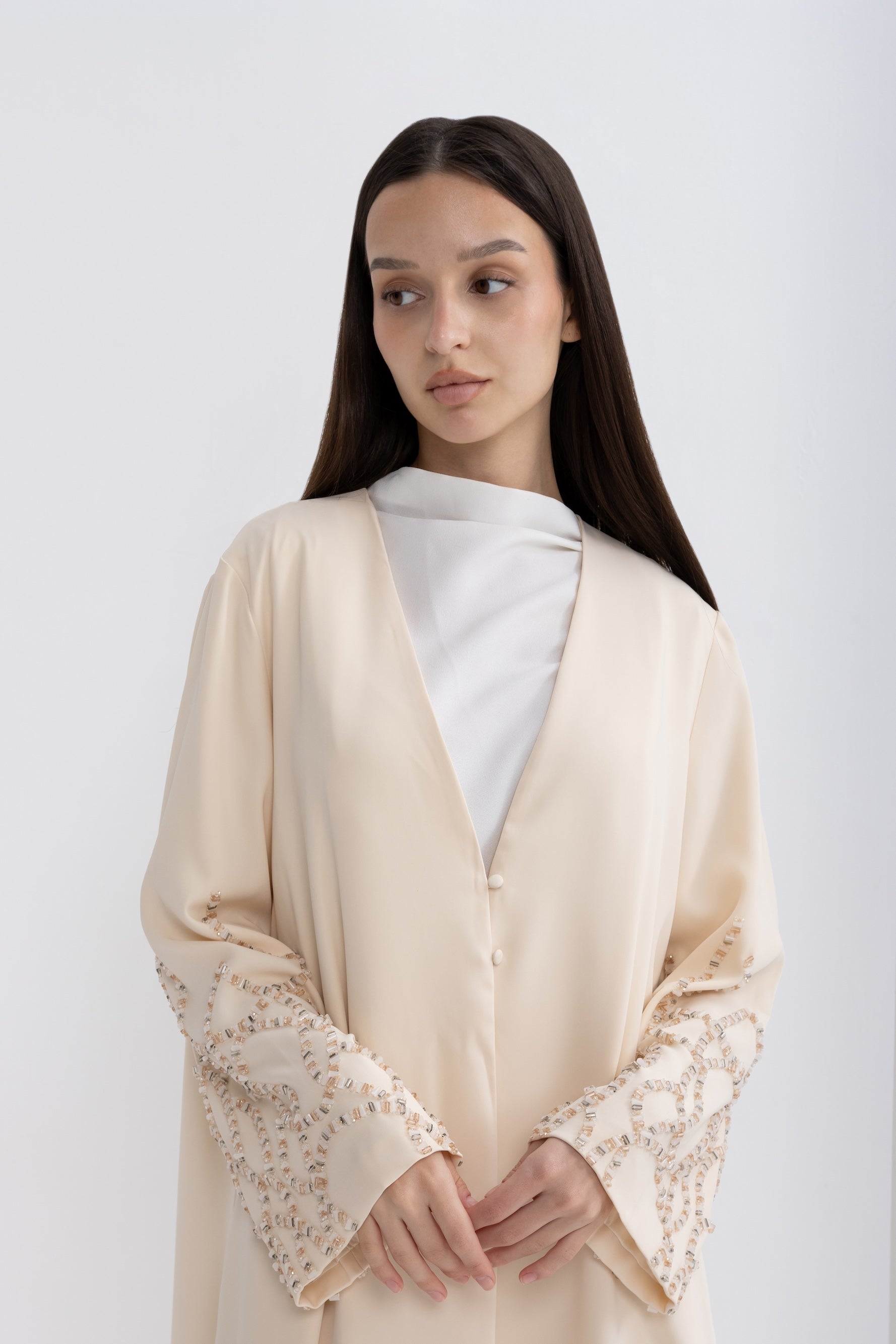 Beige Sleeve Embellished Evening Abaya