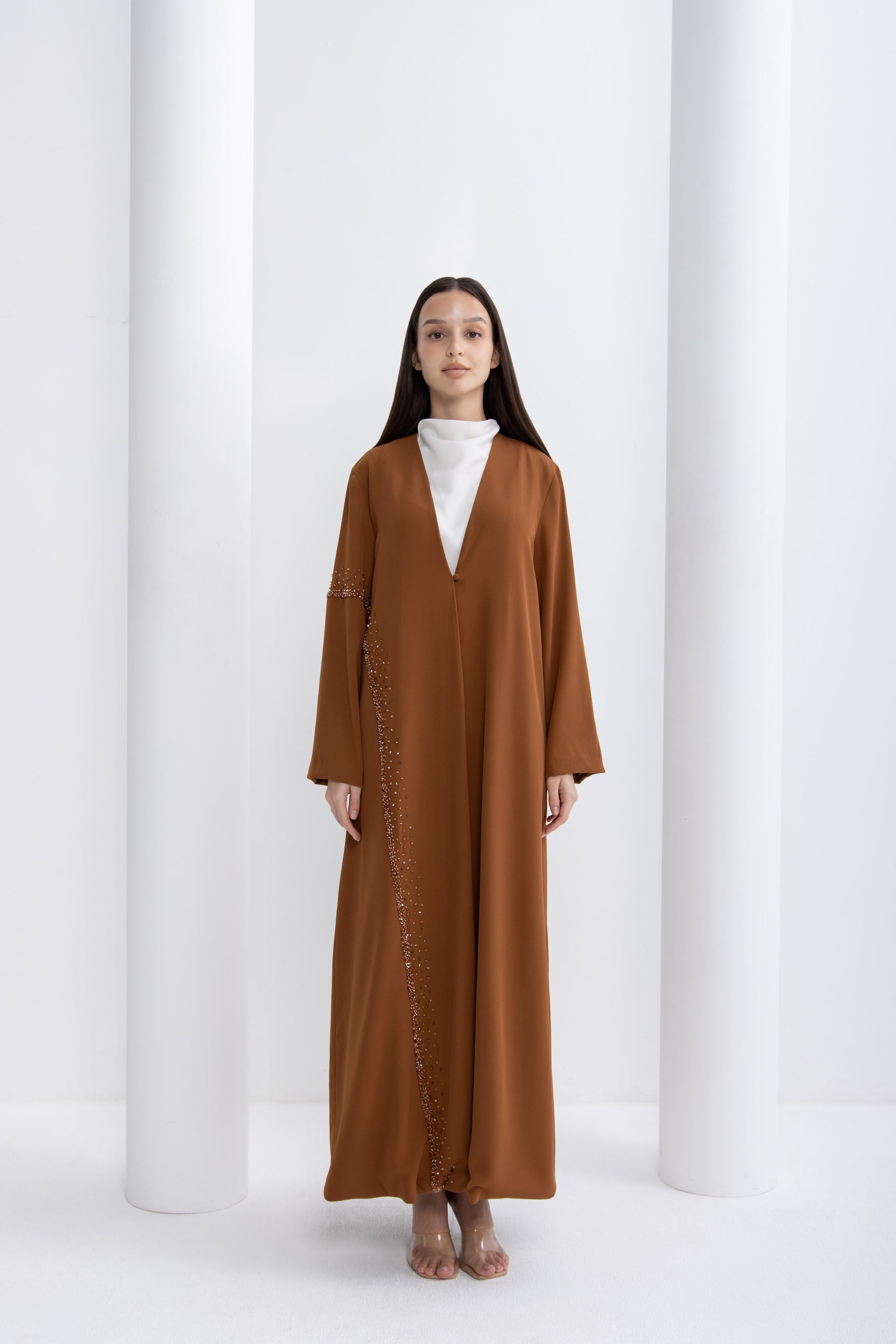 Brown Crystal Embellished Evening Abaya