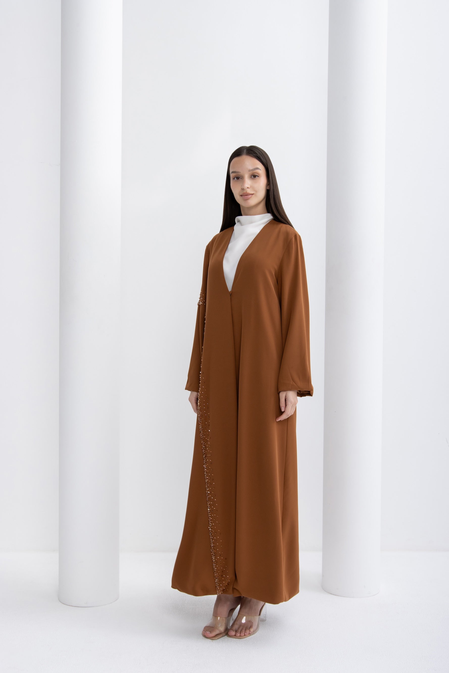 Brown Crystal Embellished Evening Abaya