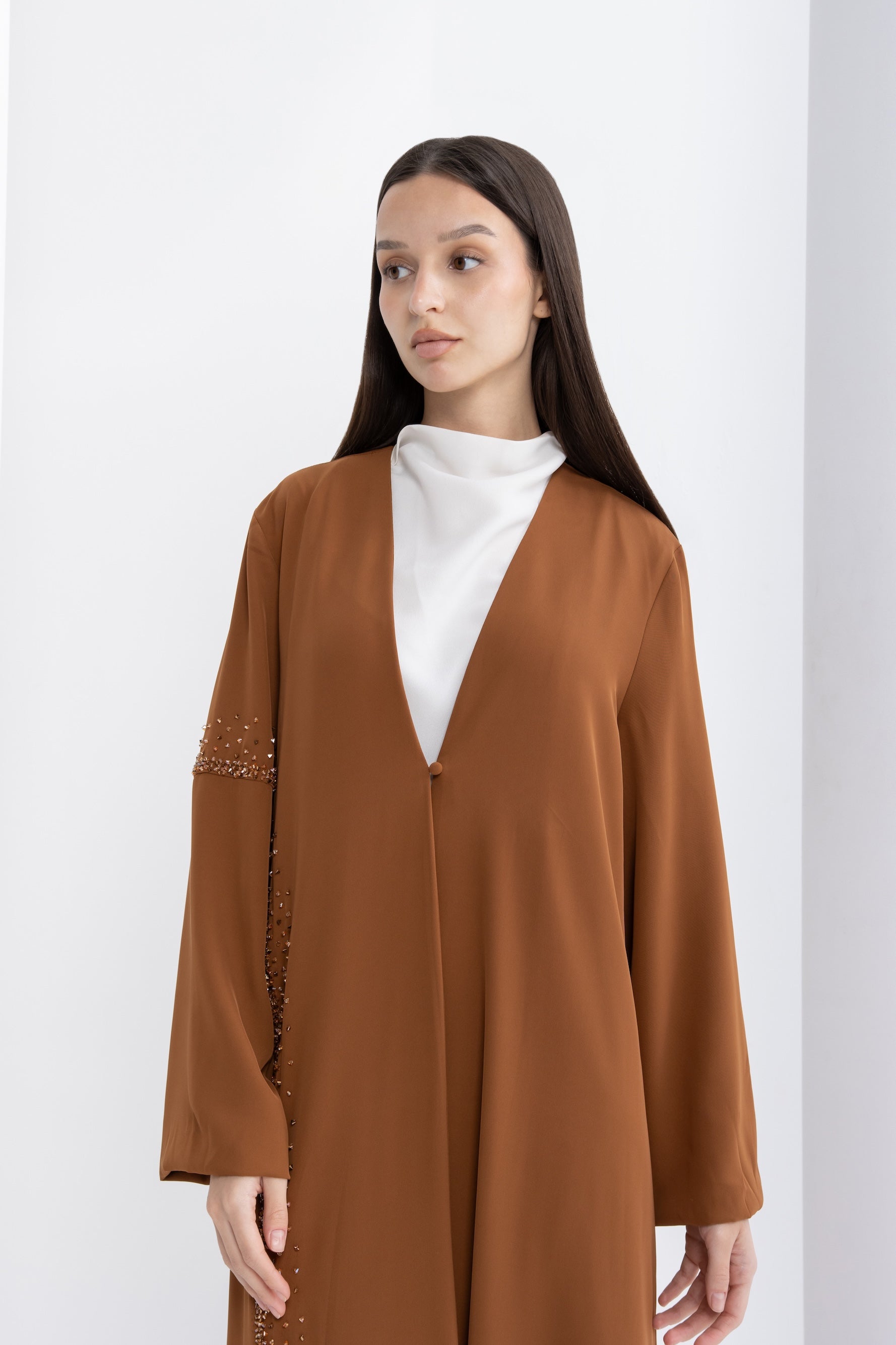 Brown Crystal Embellished Evening Abaya