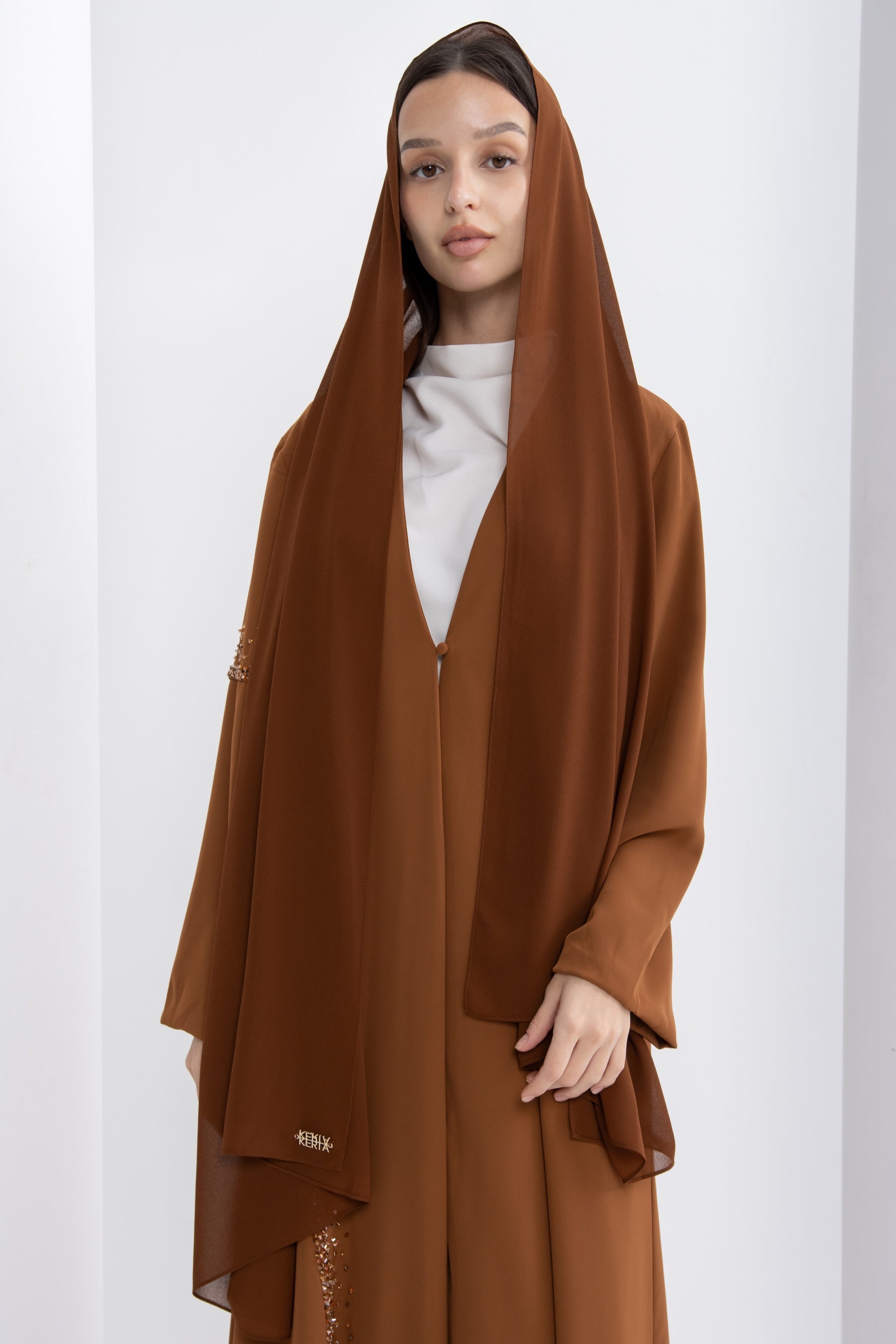 Brown Crystal Embellished Evening Abaya