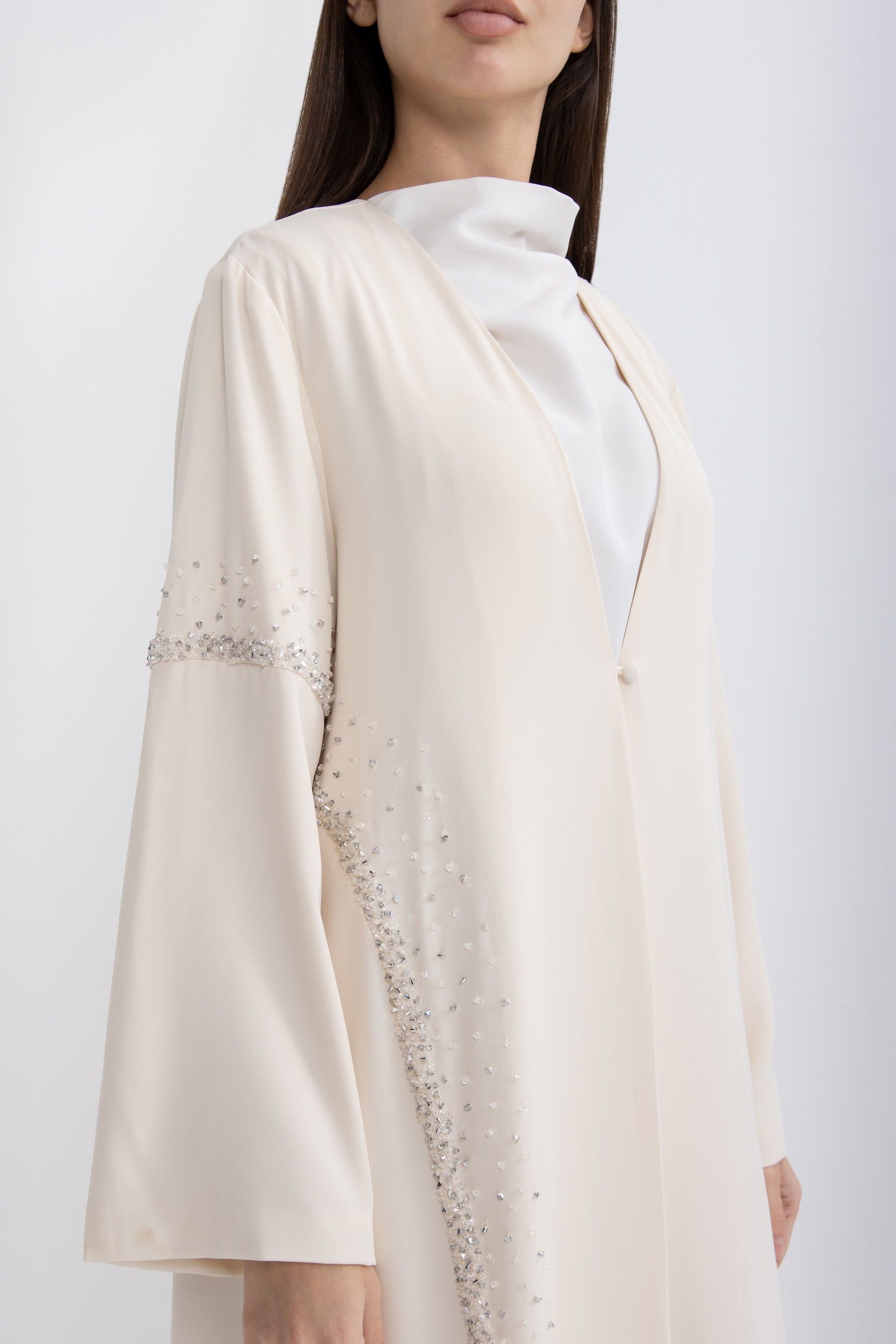 Beige Crystal Embellished Evening Abaya