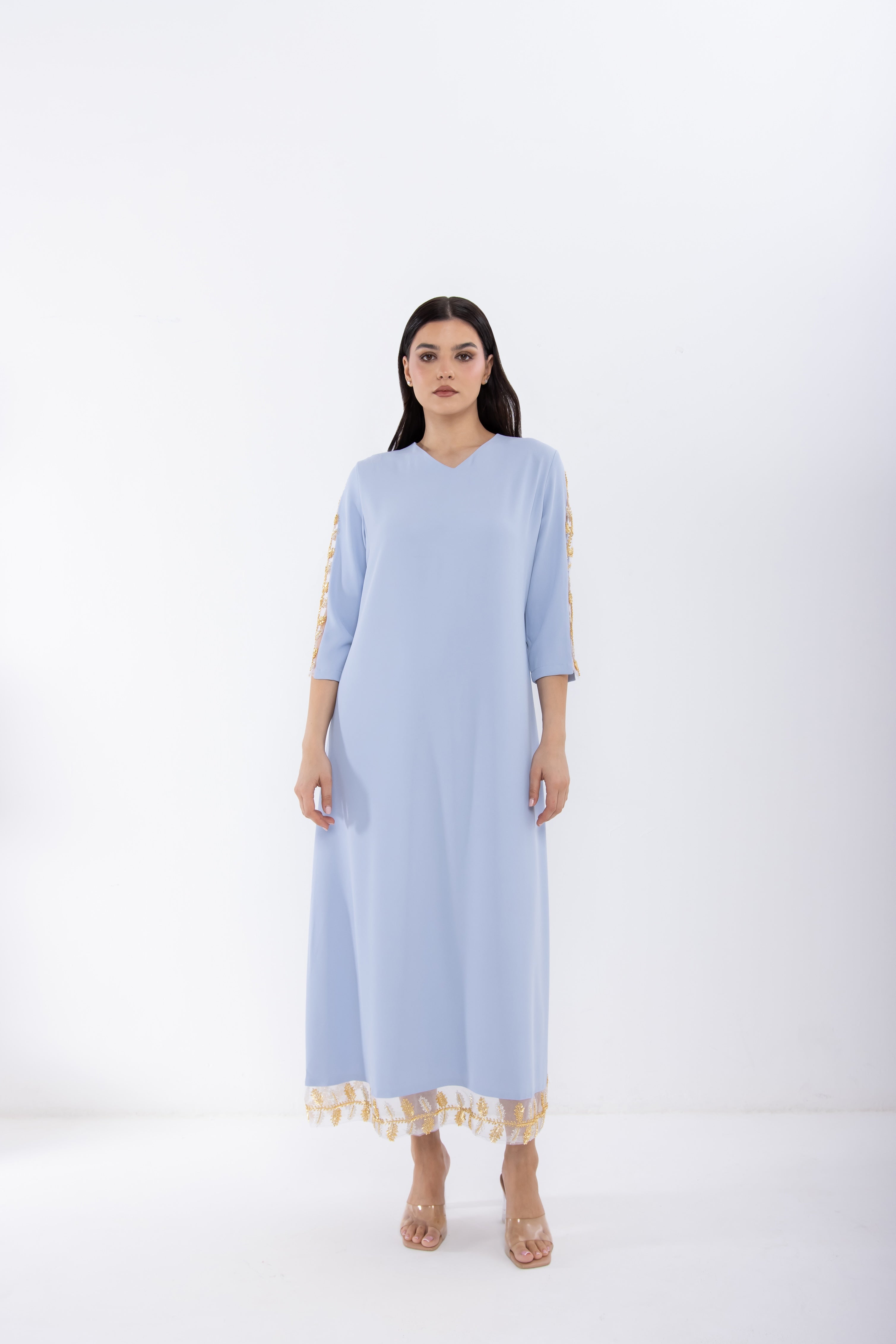 Light Blue Jalabiya with Mesh Embellished Sleeve