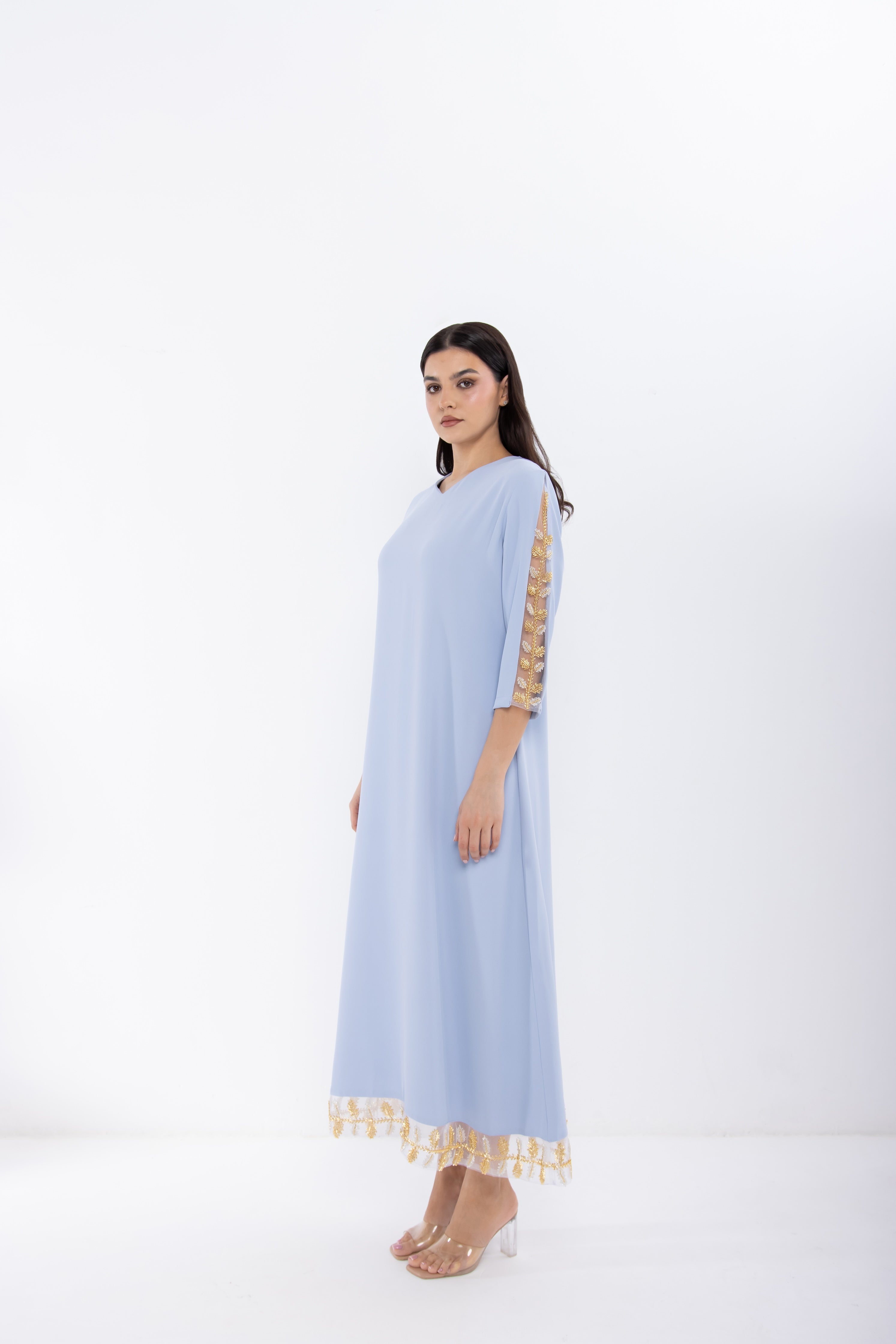 Light Blue Jalabiya with Mesh Embellished Sleeve