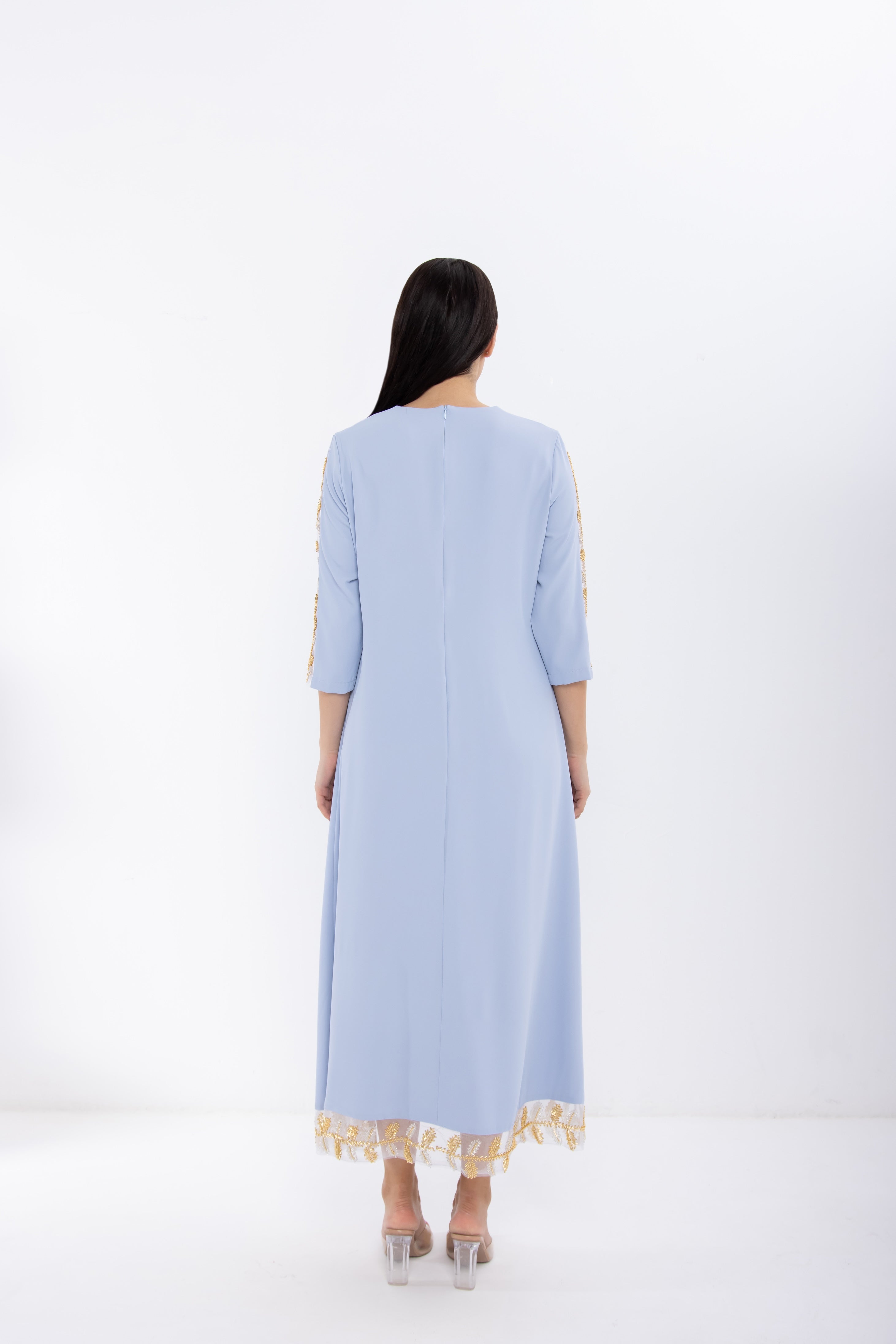 Light Blue Jalabiya with Mesh Embellished Sleeve