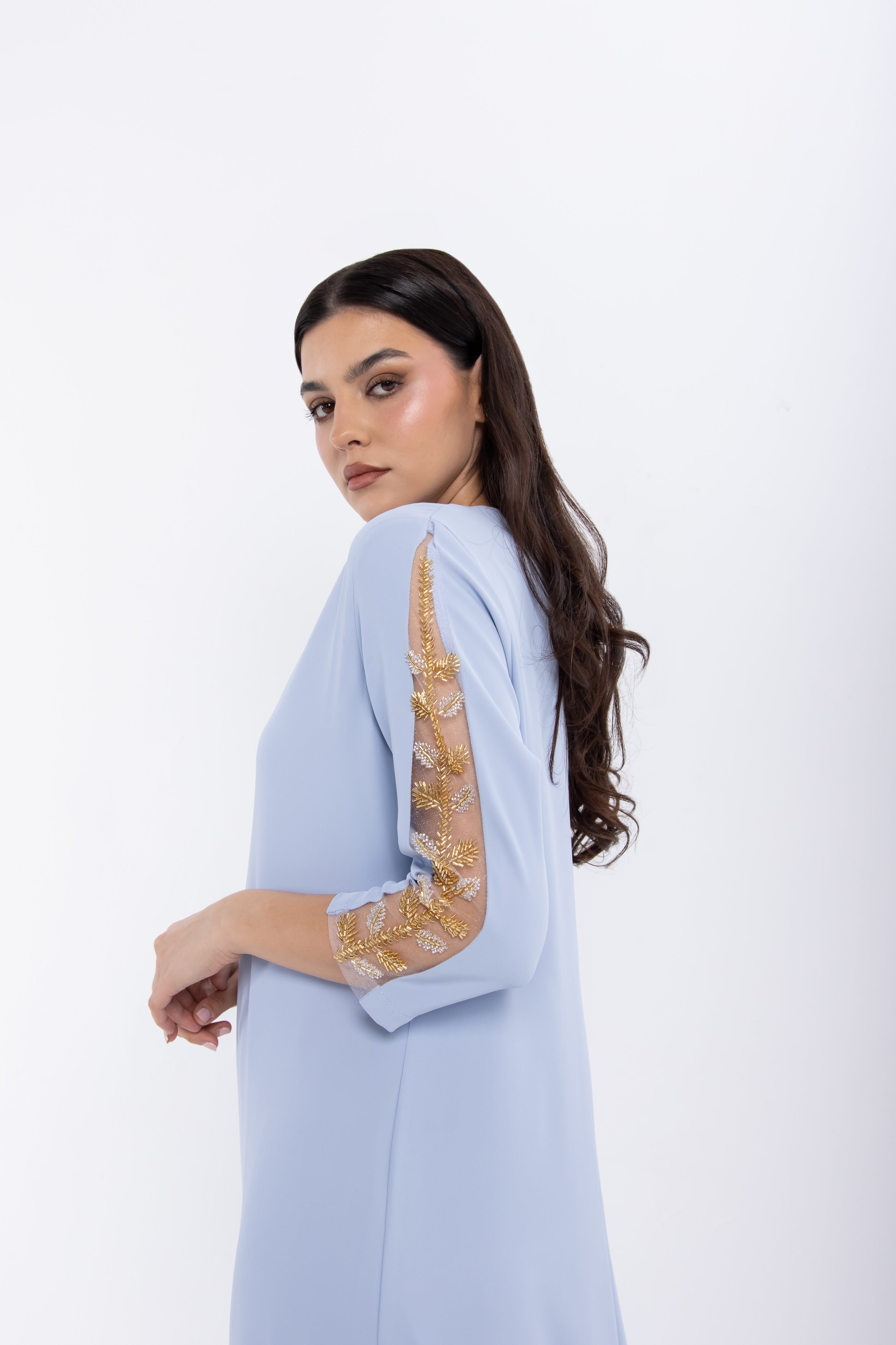 Light Blue Jalabiya with Mesh Embellished Sleeve