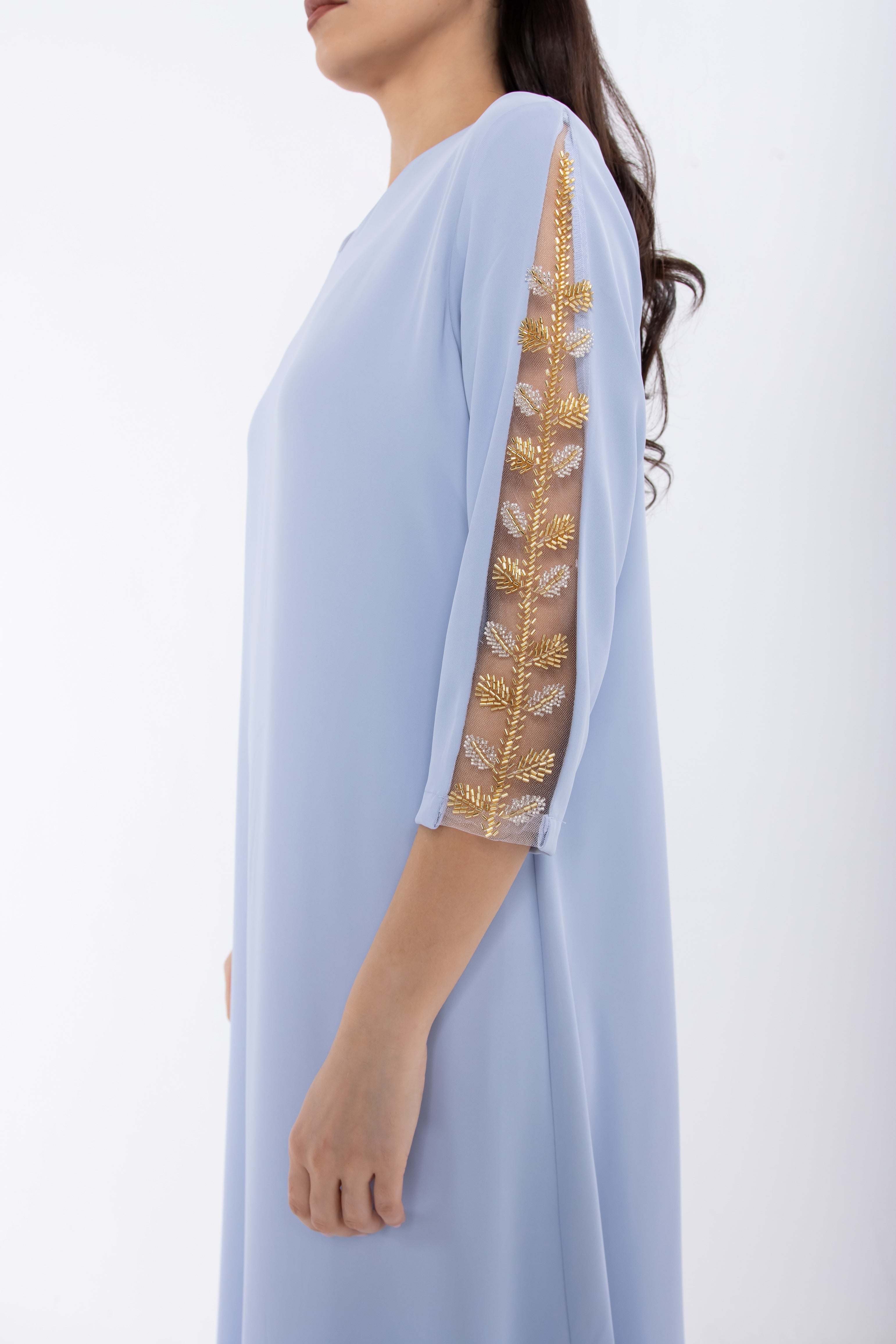 Light Blue Jalabiya with Mesh Embellished Sleeve