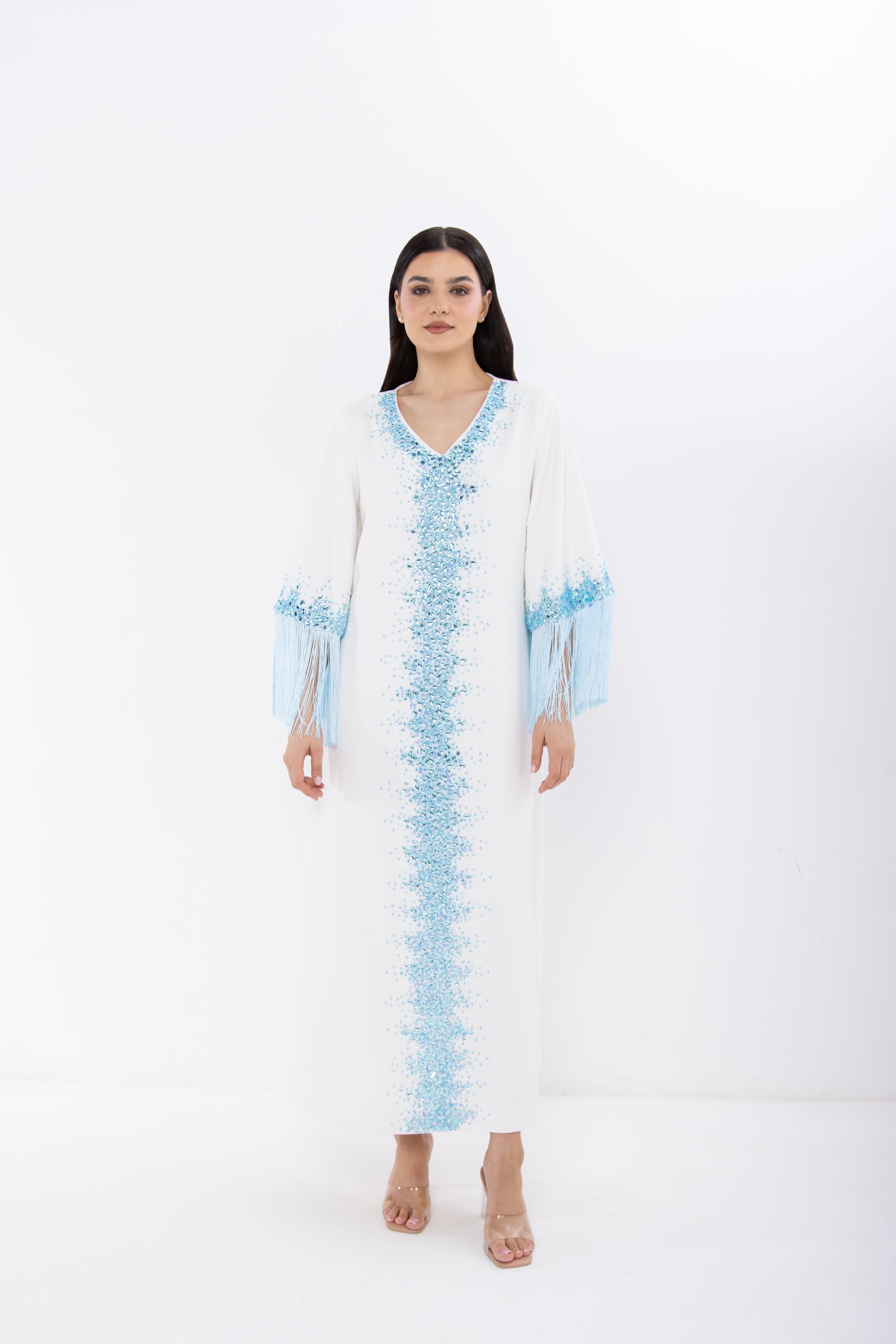 White Jalabiya with Light Blue Crystal Embellishment