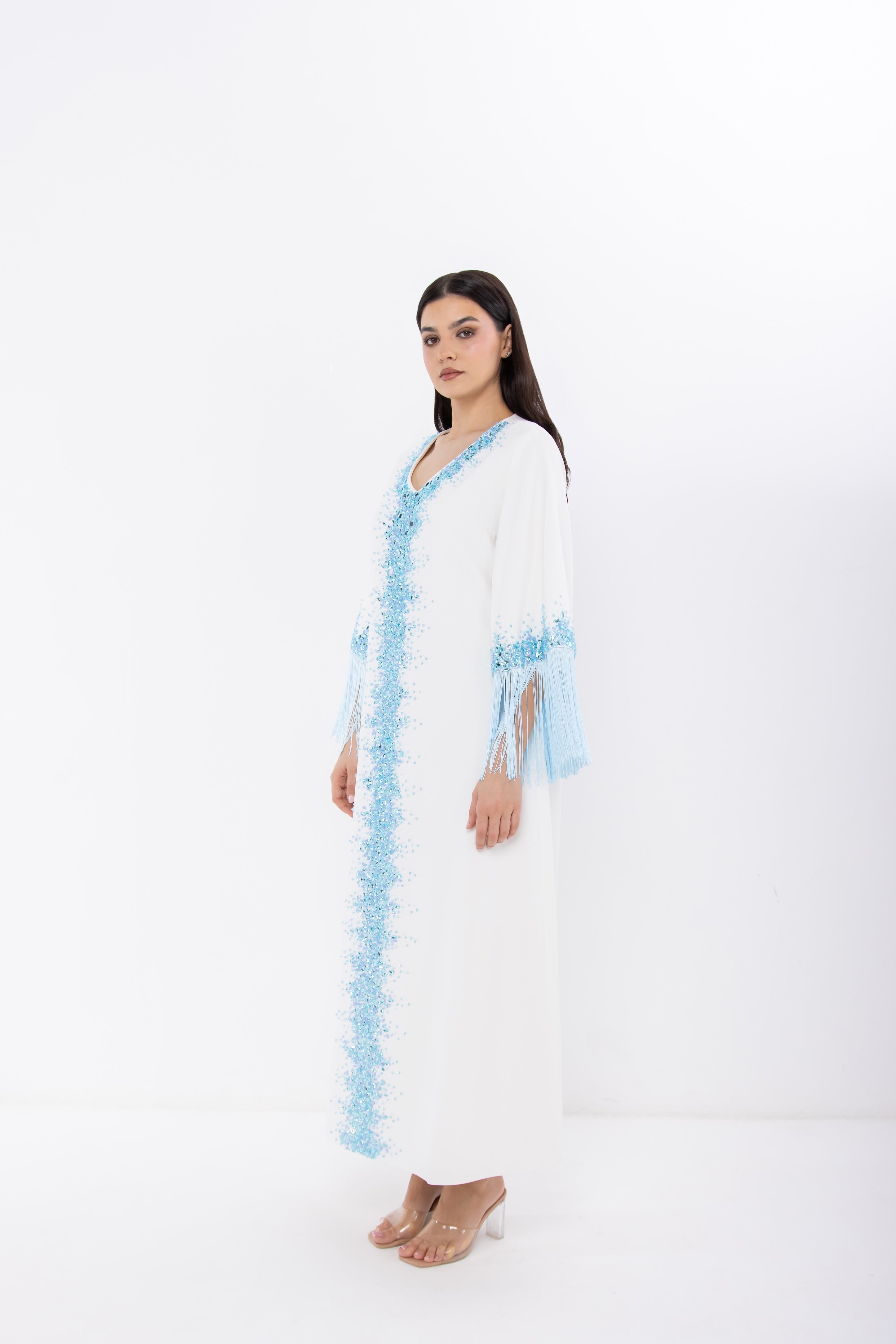 White Jalabiya with Light Blue Crystal Embellishment