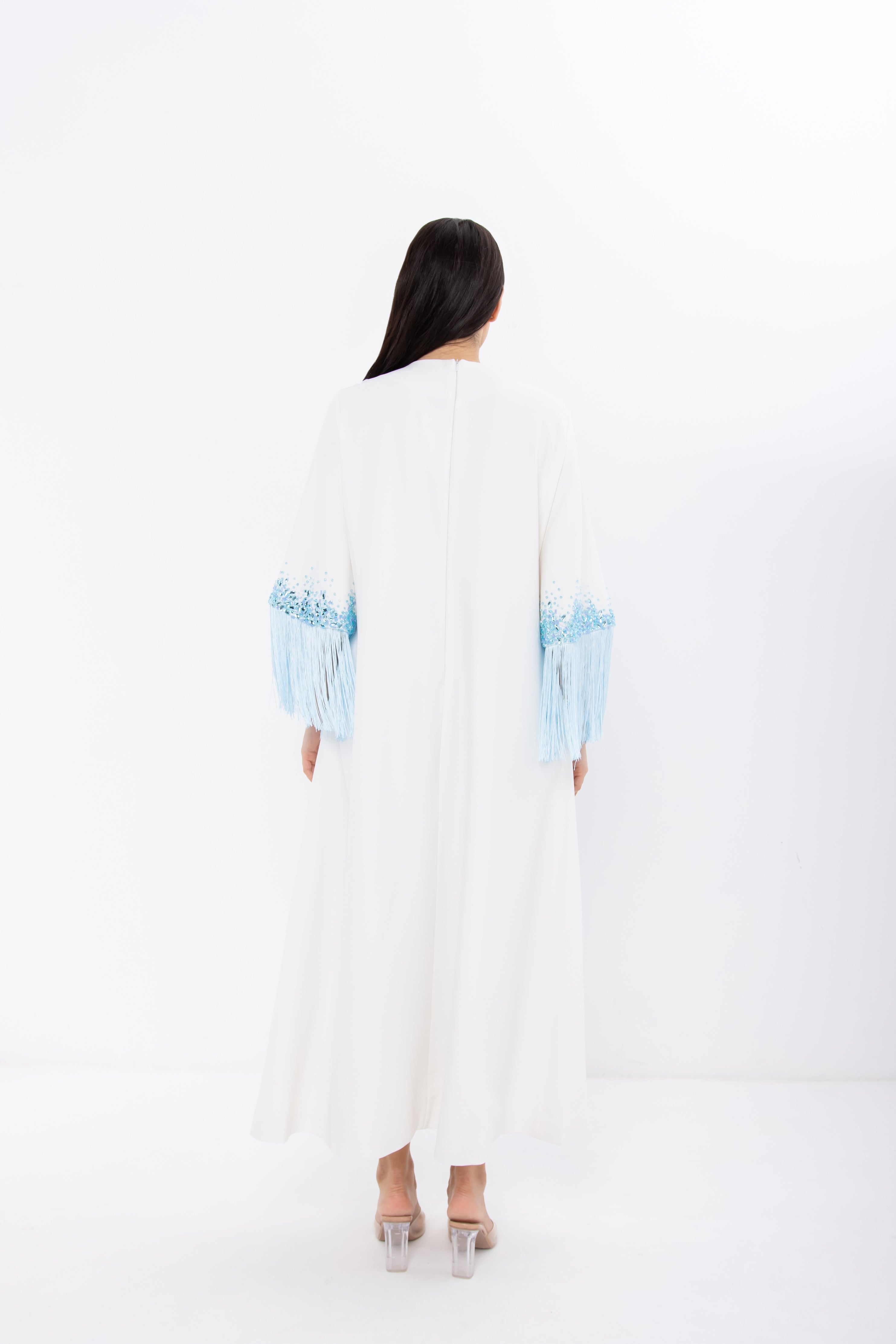 White Jalabiya with Light Blue Crystal Embellishment