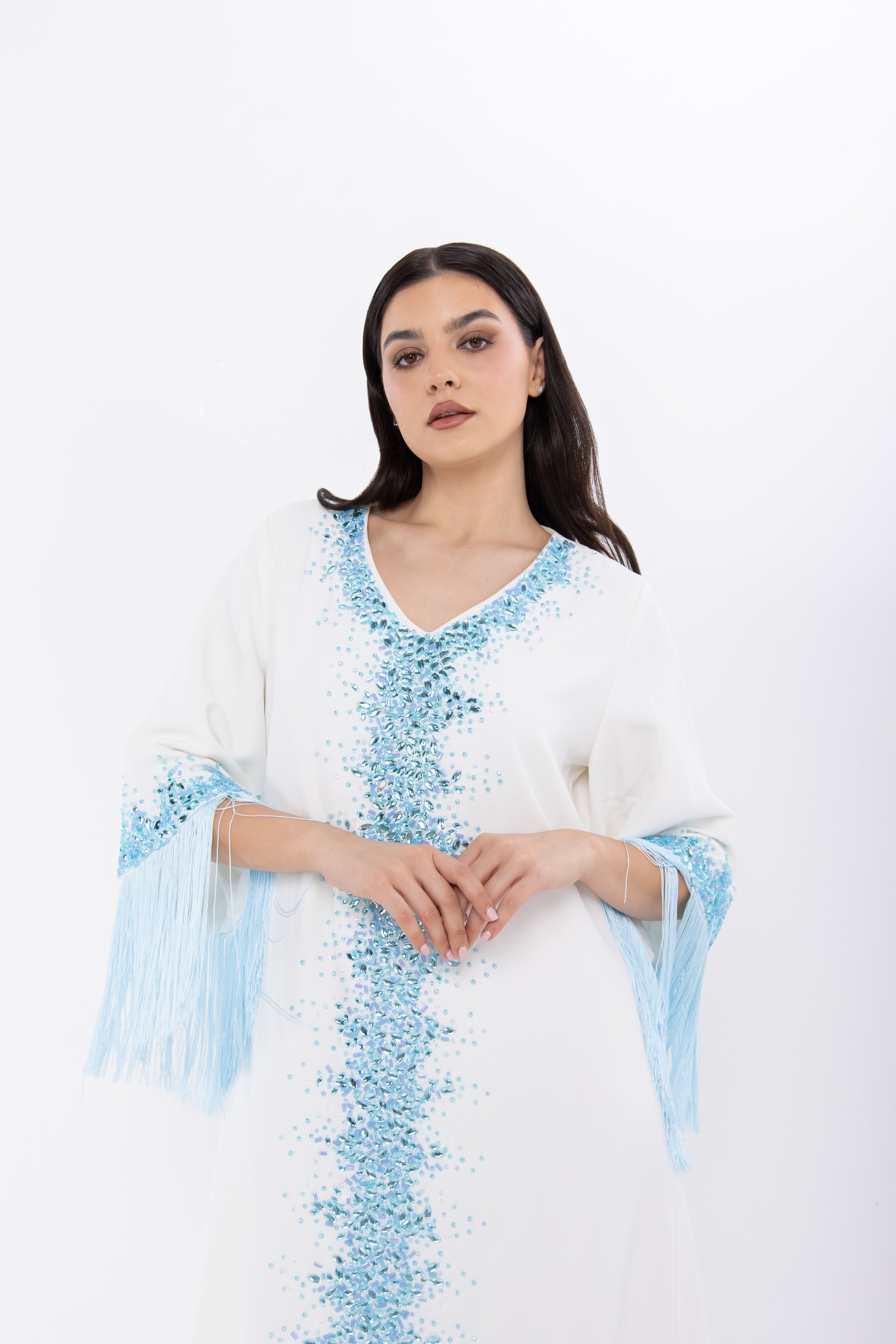 White Jalabiya with Light Blue Crystal Embellishment