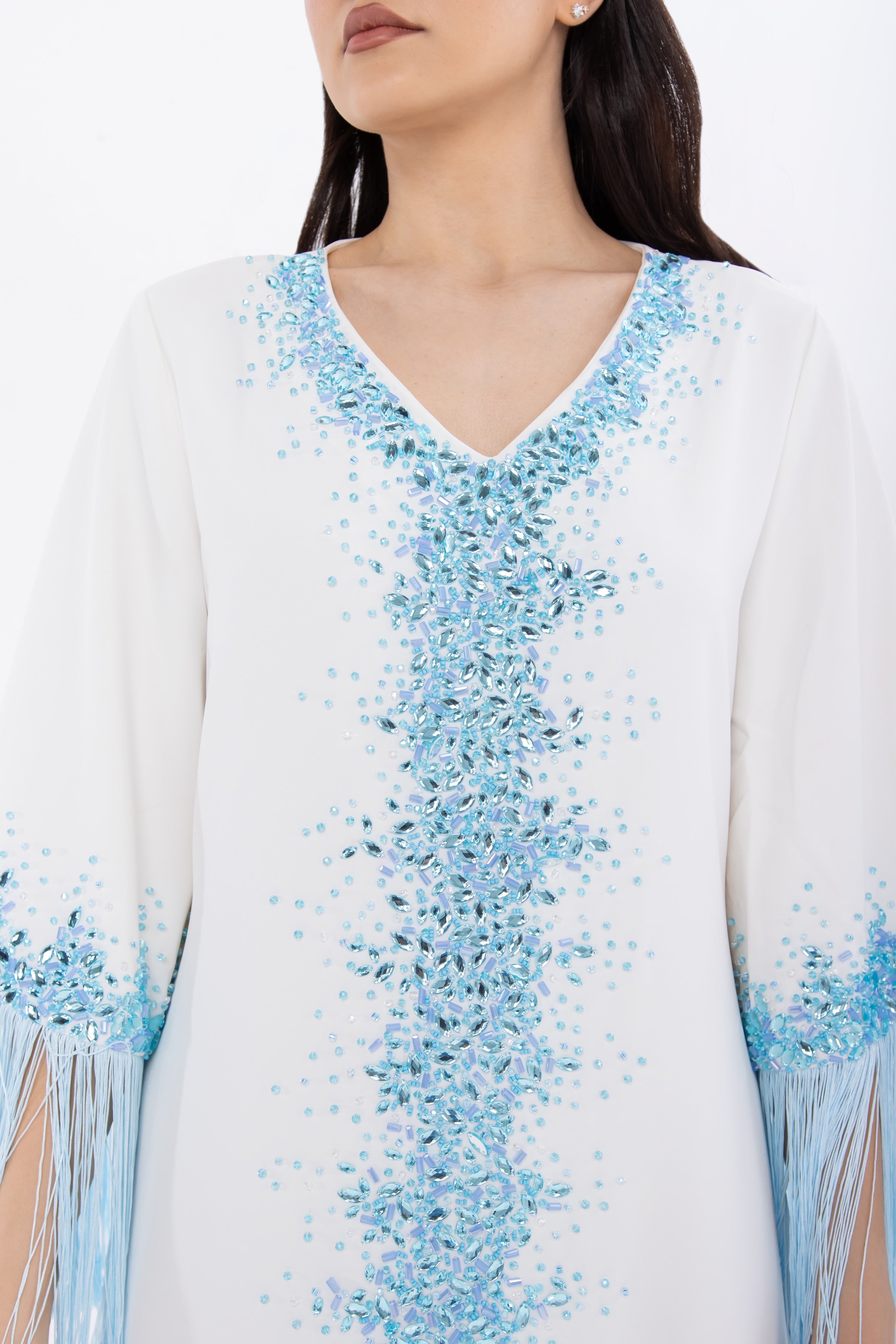 White Jalabiya with Light Blue Crystal Embellishment