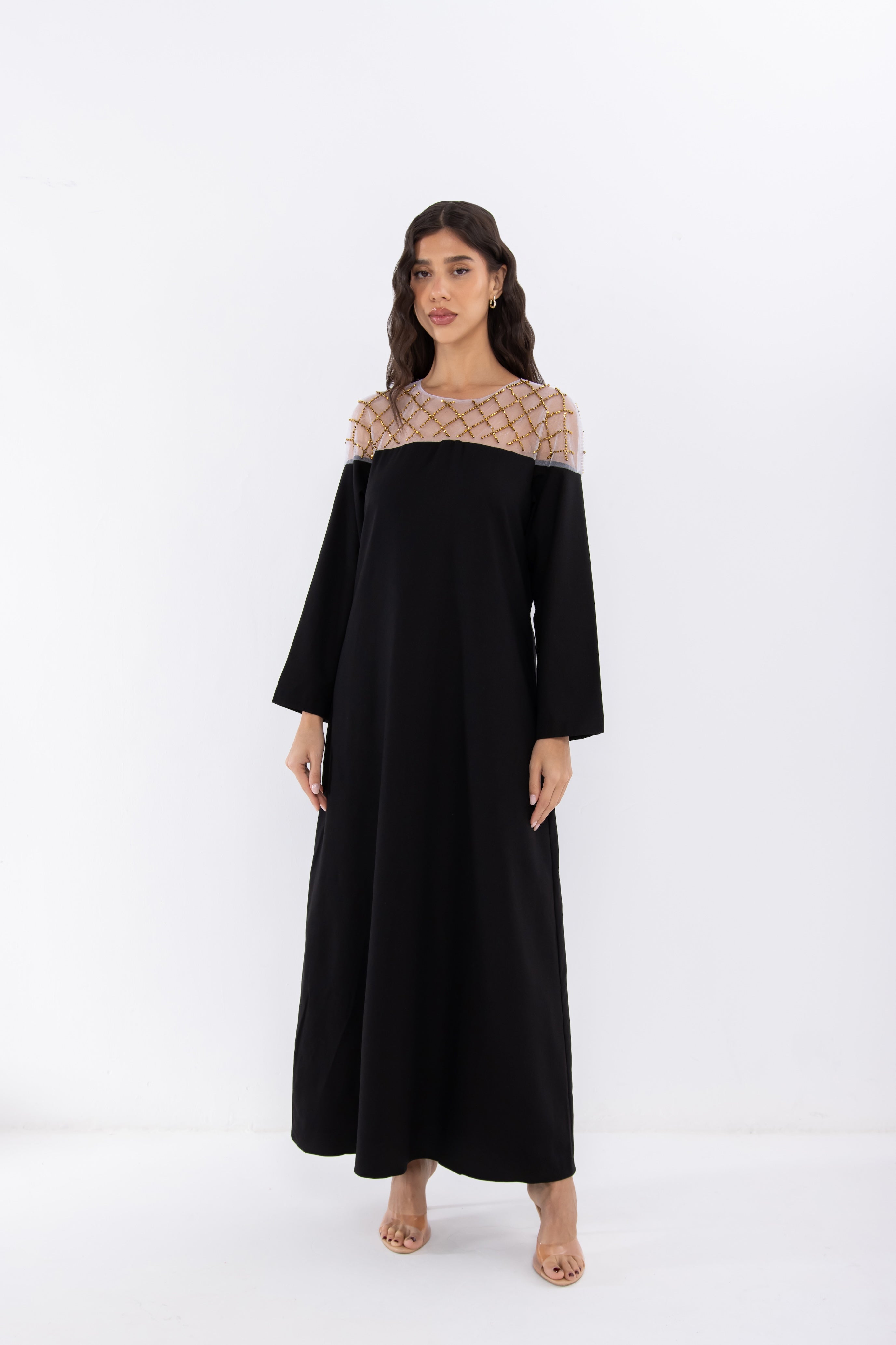 Black Jalabiya with Mesh Collar Detail