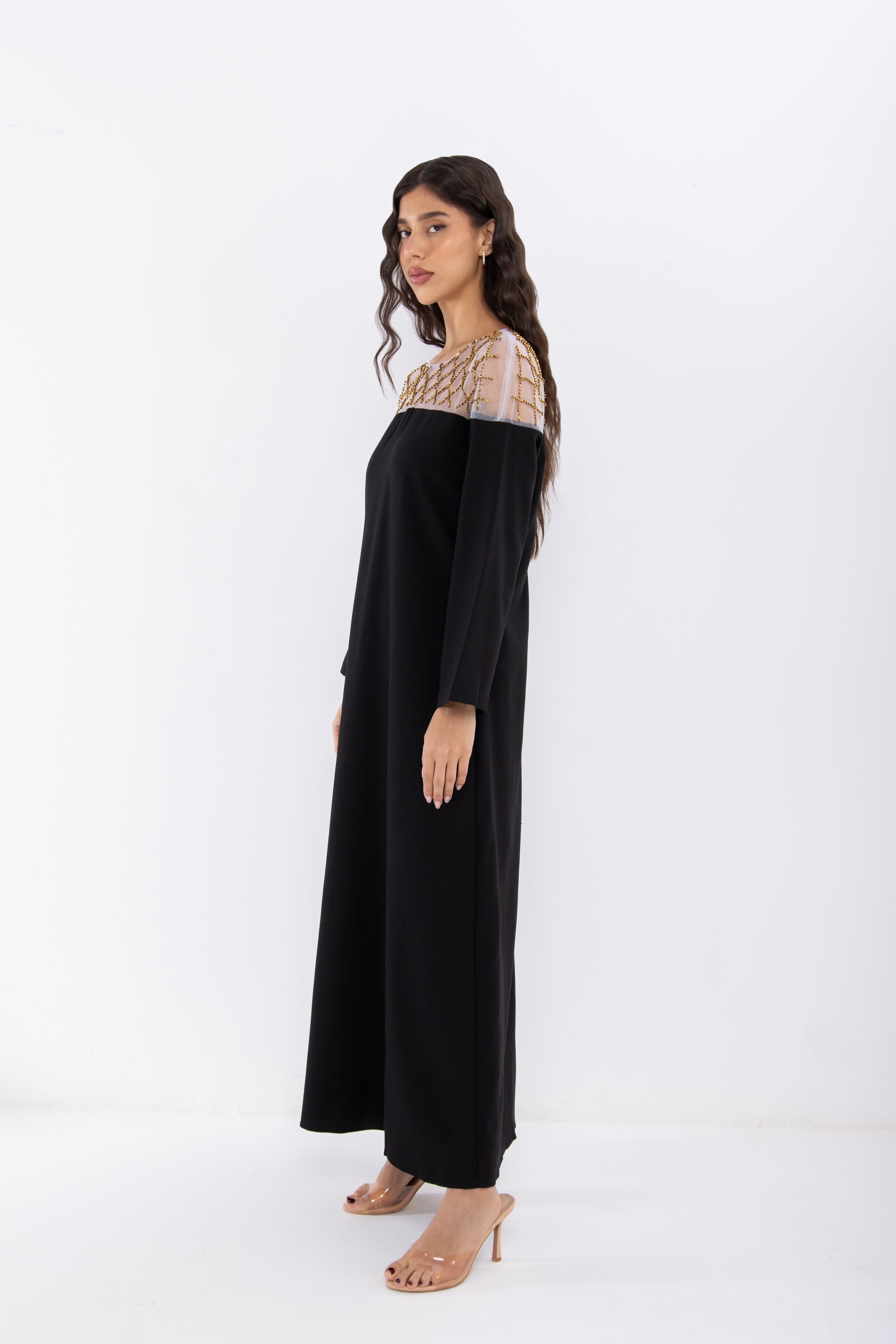 Black Jalabiya with Mesh Collar Detail