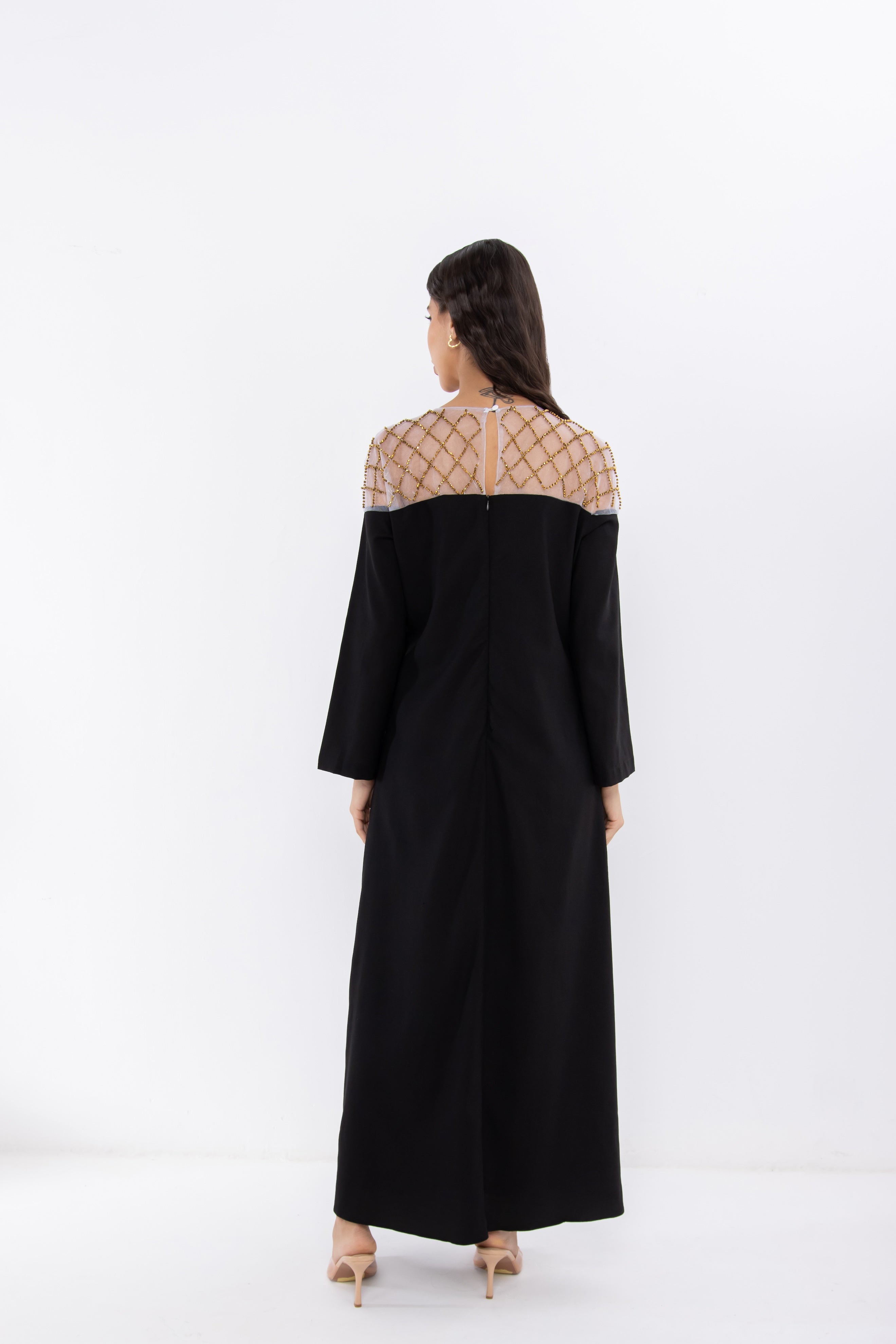 Black Jalabiya with Mesh Collar Detail