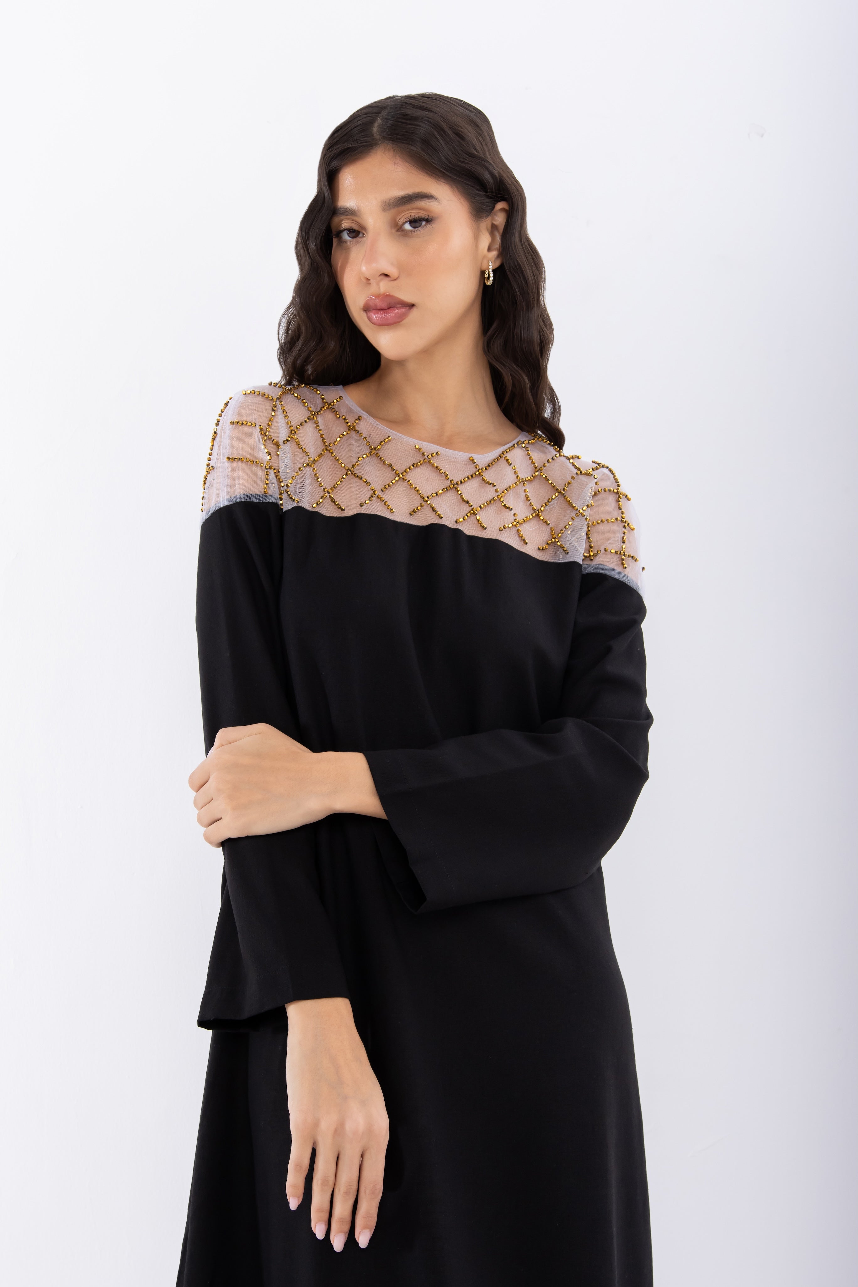 Black Jalabiya with Mesh Collar Detail