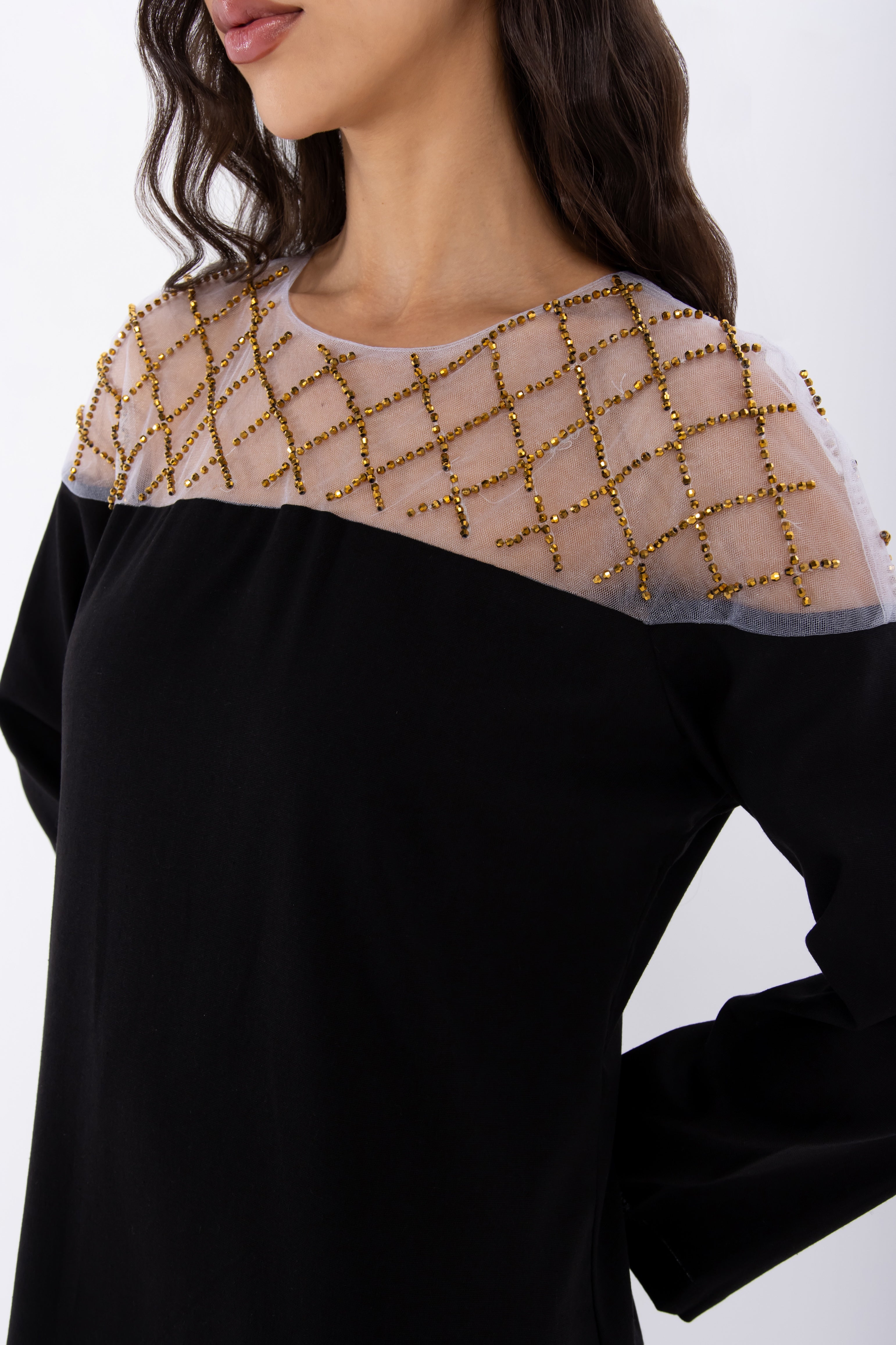 Black Jalabiya with Mesh Collar Detail